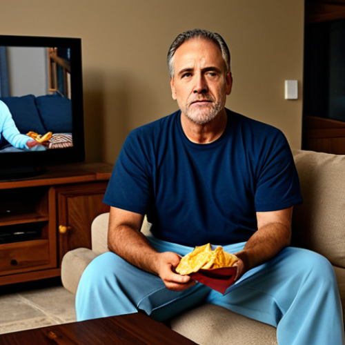 Home 14 The Hot Pocket Confessional**
"A middle-aged man, looking slightly guilty but content, sitting on a comfy couch in a dimly lit living room, wearing sweatpants and a t-shirt, fully clothed. He is holding a half-eaten Hot Pocket. The background shows a messy coffee table with a TV remote and a discarded bag of chips. Safe for work, appropriate content, fully clothed, modest attire. High-quality digital art, perfect anatomy, natural proportions, family-friendly."
**