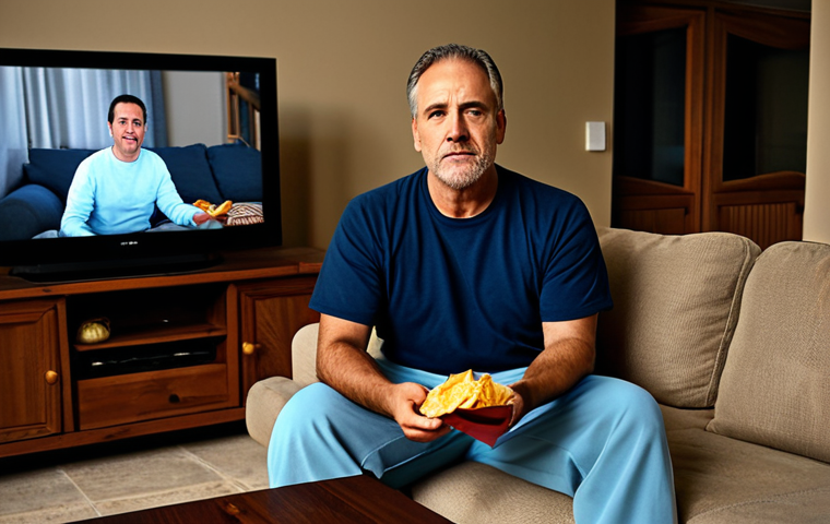 The Hot Pocket Confessional**

"A middle-aged man, looking slightly guilty but content, sitting on a comfy couch in a dimly lit living room, wearing sweatpants and a t-shirt, fully clothed. He is holding a half-eaten Hot Pocket. The background shows a messy coffee table with a TV remote and a discarded bag of chips. Safe for work, appropriate content, fully clothed, modest attire. High-quality digital art, perfect anatomy, natural proportions, family-friendly."

**