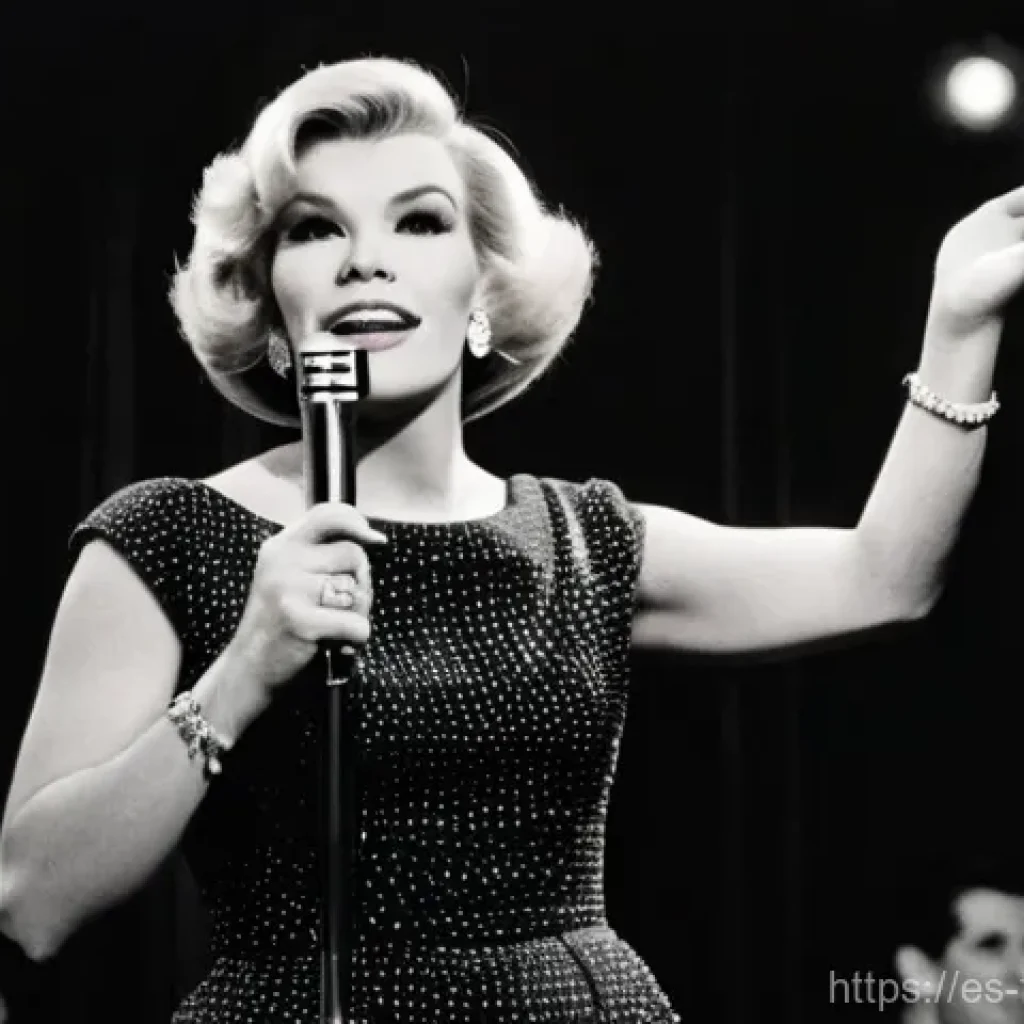 Joan Rivers 여성 코미디 개척자 - **Prompt:** A vibrant, realistic image of a young Joan Rivers in her late 20s, performing stand-up c...