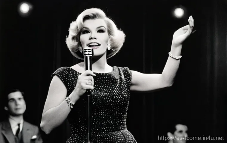Joan Rivers 여성 코미디 개척자 - **Prompt:** A vibrant, realistic image of a young Joan Rivers in her late 20s, performing stand-up c...