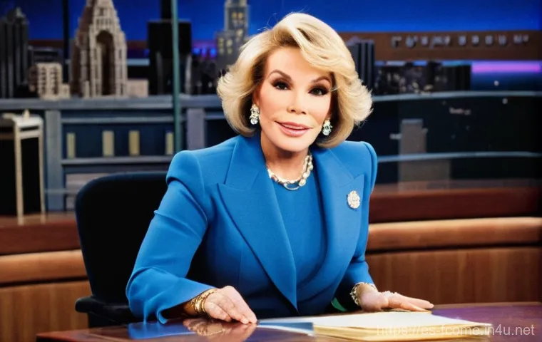 Joan Rivers 여성 코미디 개척자 - **Prompt:** A glamorous, high-definition image of Joan Rivers in her later career, posing alongside ...