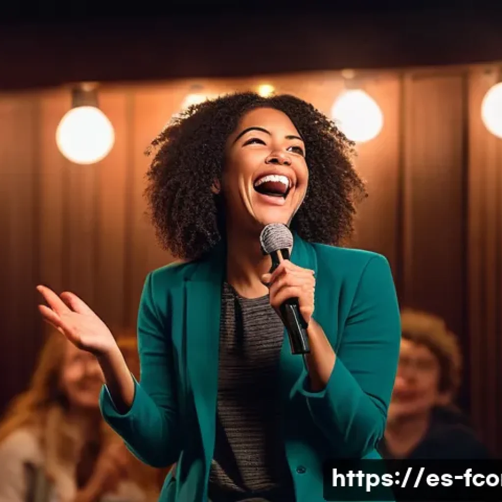 Amy Schumer 여성 코미디 아이콘 - A confident female comedian performing on stage in a cozy comedy club setting, wearing stylish casua...