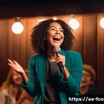 Amy Schumer 여성 코미디 아이콘 - A confident female comedian performing on stage in a cozy comedy club setting, wearing stylish casua...