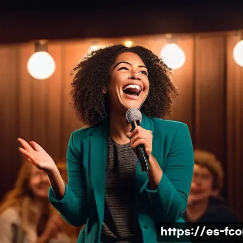 Amy Schumer 여성 코미디 아이콘 - A confident female comedian performing on stage in a cozy comedy club setting, wearing stylish casua...
