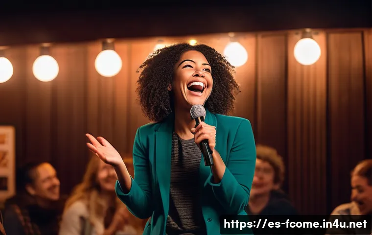 Amy Schumer 여성 코미디 아이콘 - A confident female comedian performing on stage in a cozy comedy club setting, wearing stylish casua...