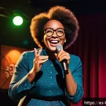 Whoopi Goldberg 독특한 코미디 스타일 - A confident female comedian of African descent performing on stage in a vibrant comedy club, wearing...