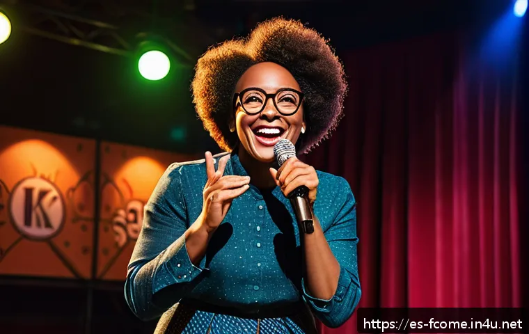Whoopi Goldberg 독특한 코미디 스타일 - A confident female comedian of African descent performing on stage in a vibrant comedy club, wearing...